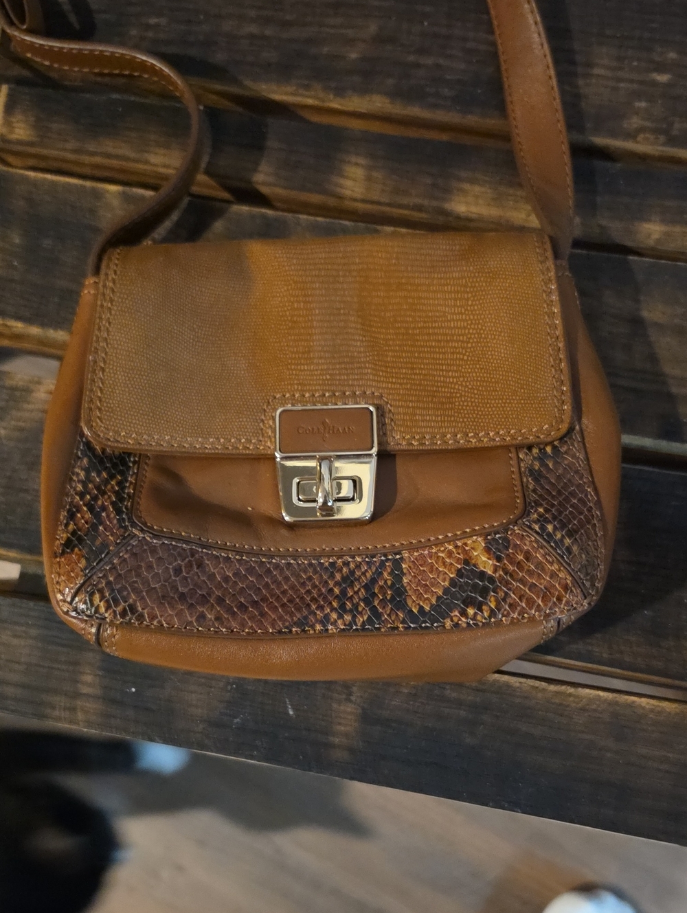 Cole Haan Tan/Brown Leather Crossbody with Snakeskin Trim